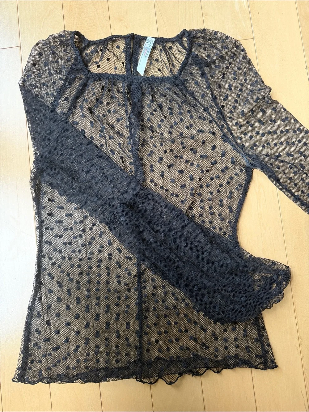 Free People Black Sheer Dot Mesh Peasant Blouse